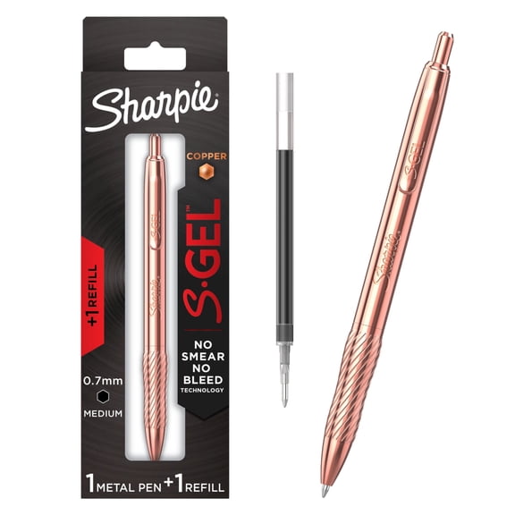 Sharpie S-Gel Pen, Copper Metal Body, Black Ink, Contains 1 Pen, 1 Additional Refill
