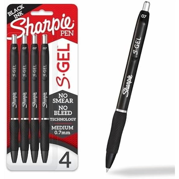Sharpie S-Gel Pens, Medium Point (0.7mm), Black Ink, 4 Count - Ideal for Writing, Journaling, Drawing, Coloring, Note-Taking, College Supplies
