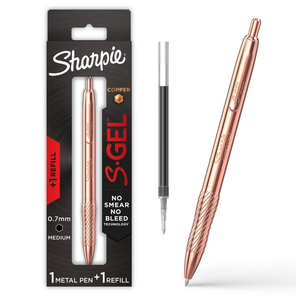 Sharpie S-Gel Pen, Copper Metal Body, Black Ink, Contains 1 Pen, 1 Additional Refill