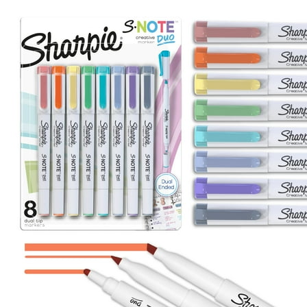Sharpie S-Note Duo Dual-Ended Creative Markers, Part Highlighter, Part Art Marker, Assorted Colors, Fine and Chisel Tips, 8 Count
