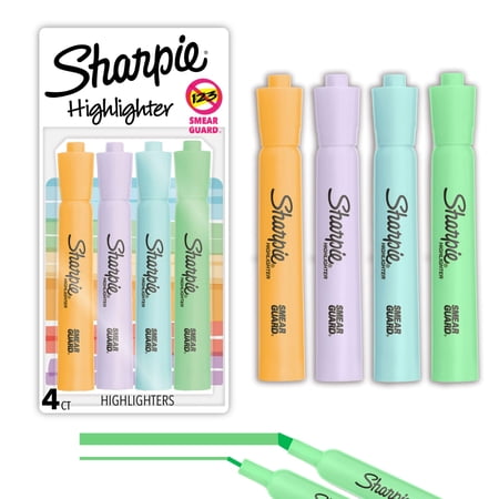 Sharpie Tank Highlighters, Mild Pastel Colors, Assorted, Chisel Tip, 4 Count