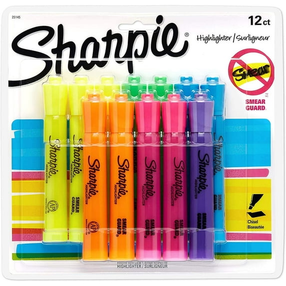 Sharpie Tank Highlighters Assorted Fluorescent Colors | Chisel Tip Highlighter Pens, 12 Count