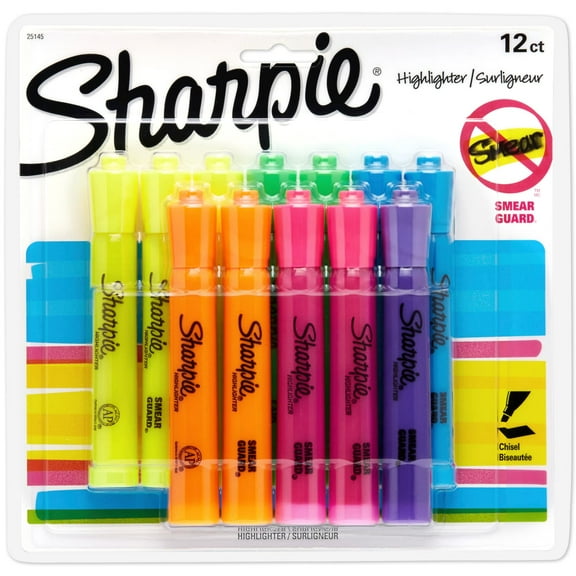 Sharpie Tank Style Highlighters, Chisel Tip, Assorted Colors, 12 Count
