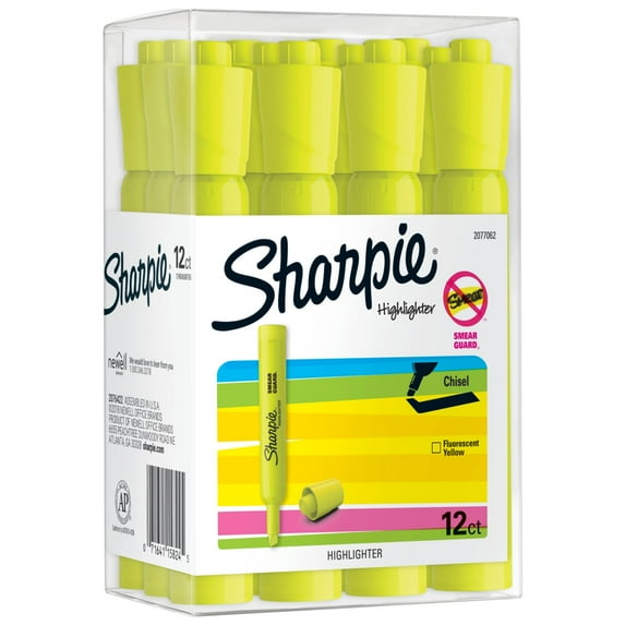 Sharpie Tank Style Highlighters, Chisel Tip, Fluorescent Yellow, 12 Count