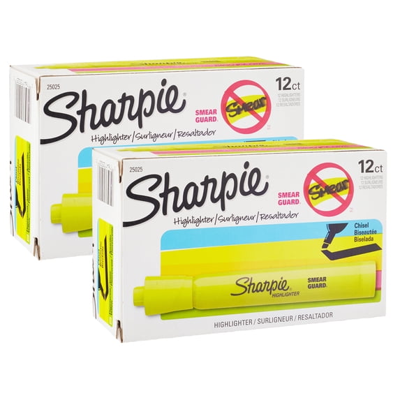 Sharpie Tank Style Highlighters, Chisel Tip, Fluorescent Yellow, 12 Per Pack, 2 Packs