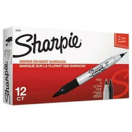 Sharpie Twin-Tip Permanent Marker, Extra-Fine/Fine Bullet Tips, Black, Dozen (32001)