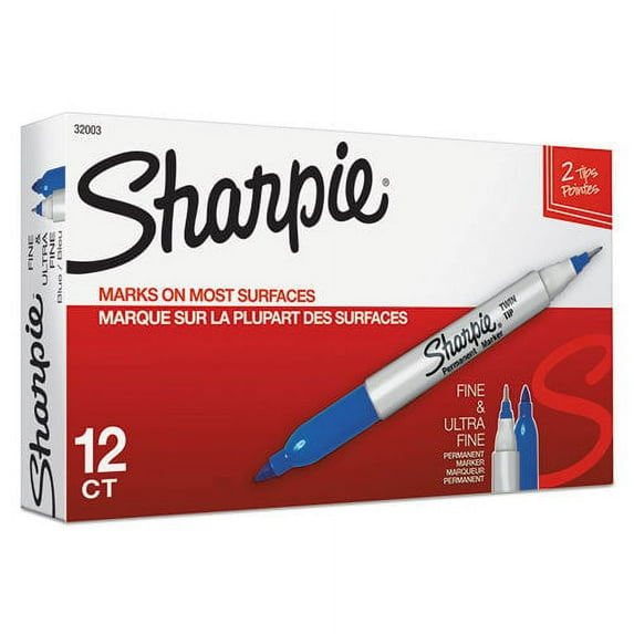 Sharpie Sharpie Twin-Tip Permanent Marker, Fine-Extra-Fine Bullet Tip, Blue, Dozen