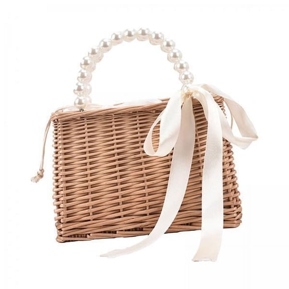 Sharplace 2xSummer Straw Bag Basket Handbag Double Handles for Market Shopping Decor Pearl Handle