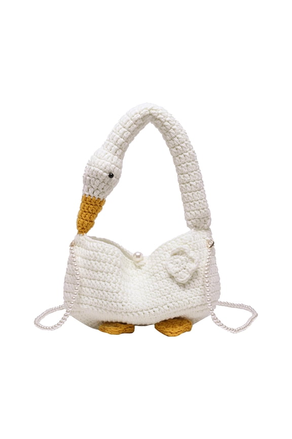 Goose Tote Bag Shoulder Bag Purse with Beads Strap Funny Pouch Crossbody Bag Knitted Handbag for Travel Work Vacation Outdoor White