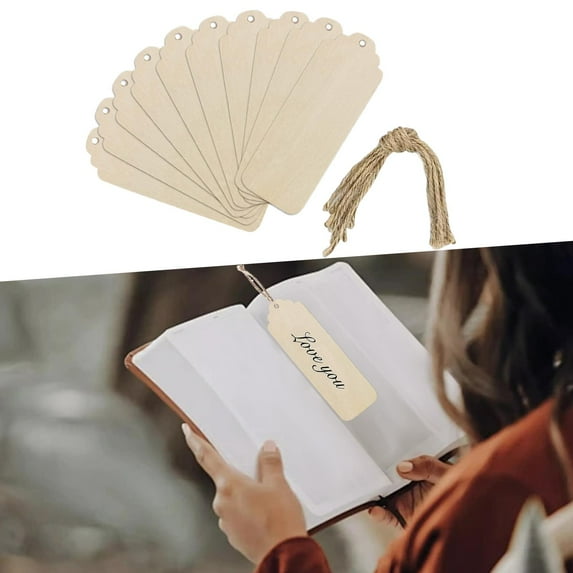 Sharprepublic 10 Pieces Unfinished Wooden Bookmarks with Hanging Ropes for DIY Hand Crafts 12cmx3cm