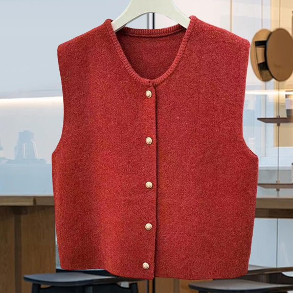 Sharprepublic Knit Cardigan Vest for Women Button Knitted Vest for Commuting Home Shopping Red