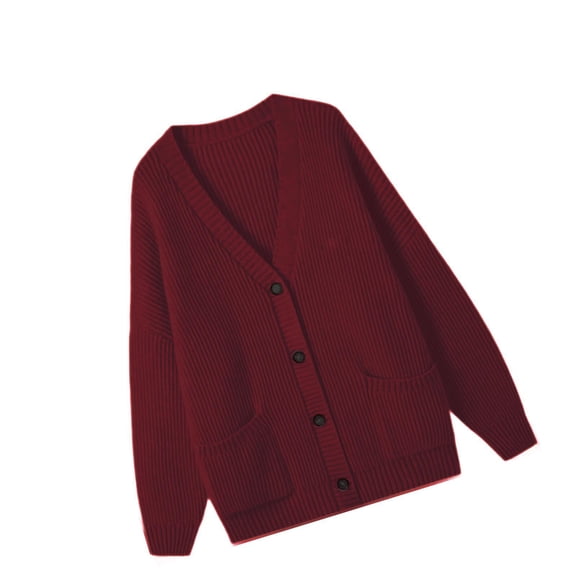 Sharprepublic Women's Cardigan Sweater with Pockets Fall Clothes Loose V Neck with Buttons Red