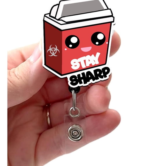 Sharps Container Stay Sharp Acrylic Badge Reel, Phlebotomy Tech, Phlebotomist Badge Holder, Retractable Swivel Alligator Clip, Slide Clip