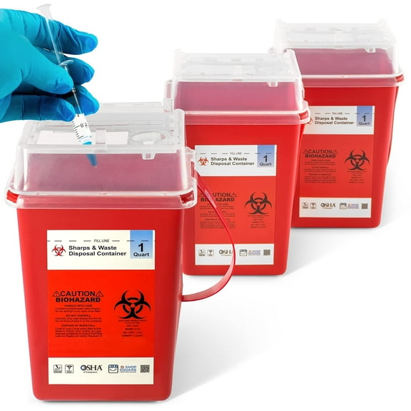 Sharps Container for Home & Professional Use - 3 Pack Needle Disposal Containers - 1 Quart