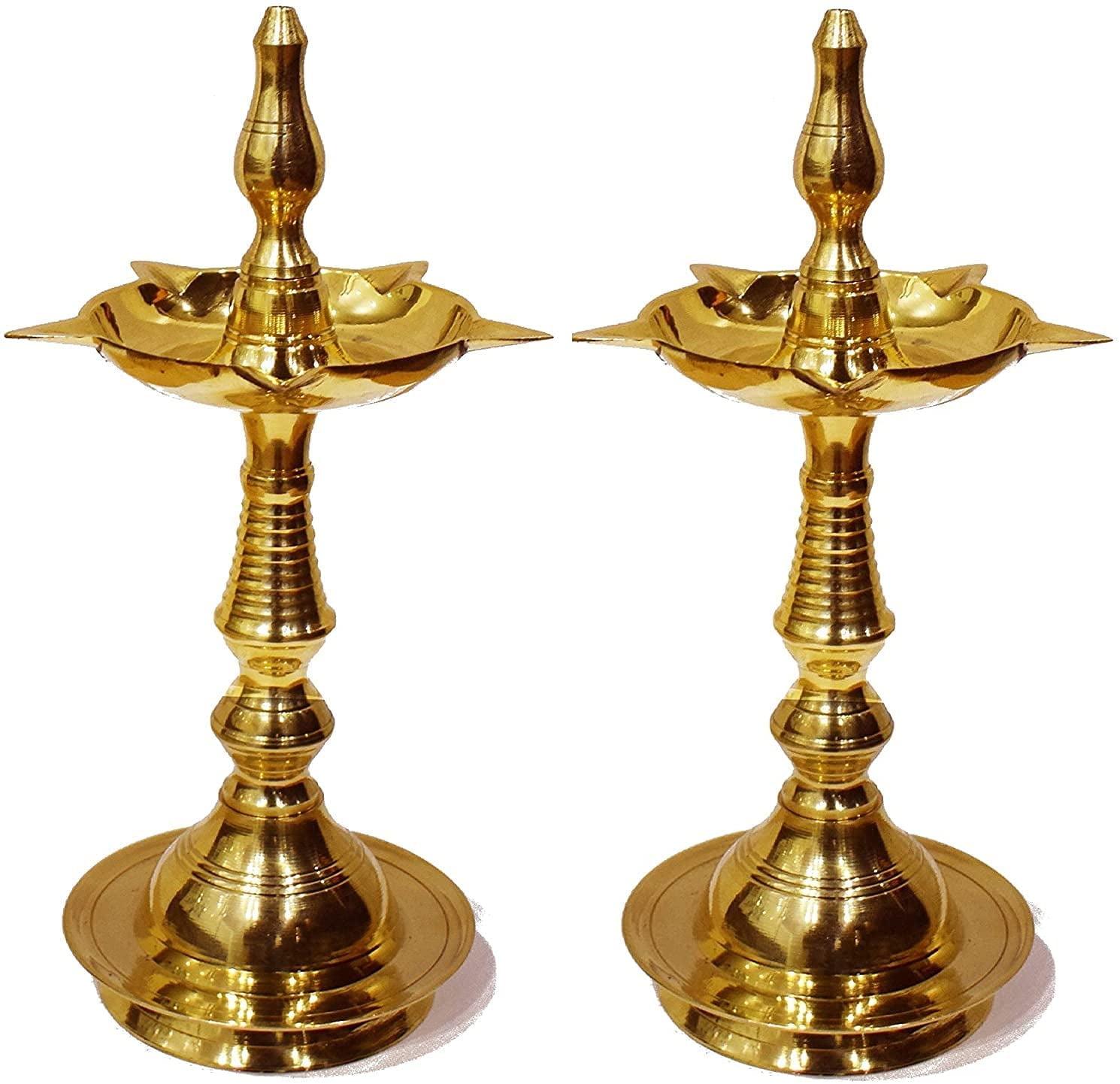 Sharvgun 2 Pc Brass Diwali Puja Diya 11.5" Kutthu Vilakku Pooja Dia Oil Lamp Engraved