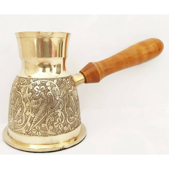 Sharvgun Golden Turkish Greek Arabic Coffee Pot Brass Metal Coffee Maker Cezve Ibrik Briki with Wooden Handle ( Medium - 10 Oz) Peacock Bird Engraved