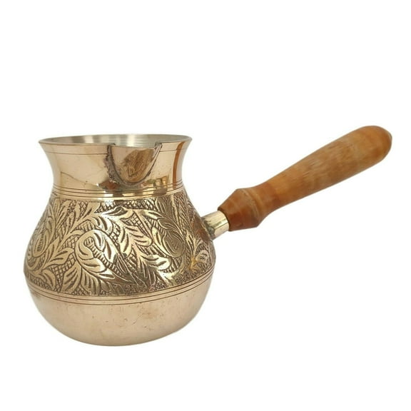 Sharvgun Golden Turkish Greek Arabic Coffee Pot Brass Metal Coffee Maker Cezve Ibrik Briki with Wooden Handle ( Medium - 19 Oz) Leaf Engraved