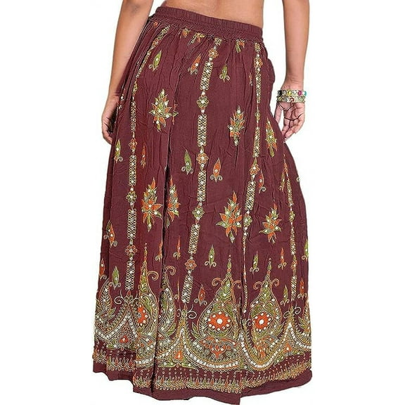 Sharvgun Indian Skirt Long With Sequins Embroidered Design Drawstring Fashions Tie Dye Brown