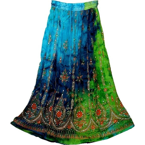 Sharvgun Indian Skirt Long With Sequins Embroidered Design Drawstring Fashions Tie Dye Multi