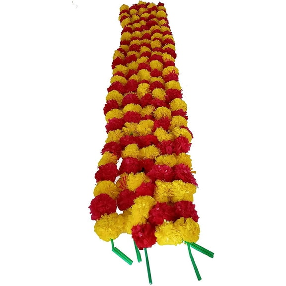 Sharvgun (Pack of 50 string) Artificial Yellow and Red Marigold Flower Garlands String 5 Feet Long for Parties Indian Weddings Home Decoration Diwali Festival Christamass