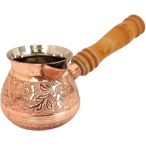 Sharvgun Turkish Greek Arabic Floral Golden Copper Tone Coffee Pot Stovetop Coffee Maker Cezve Ibrik Briki with Wooden Handle 6.09 OZ (180 ML)
