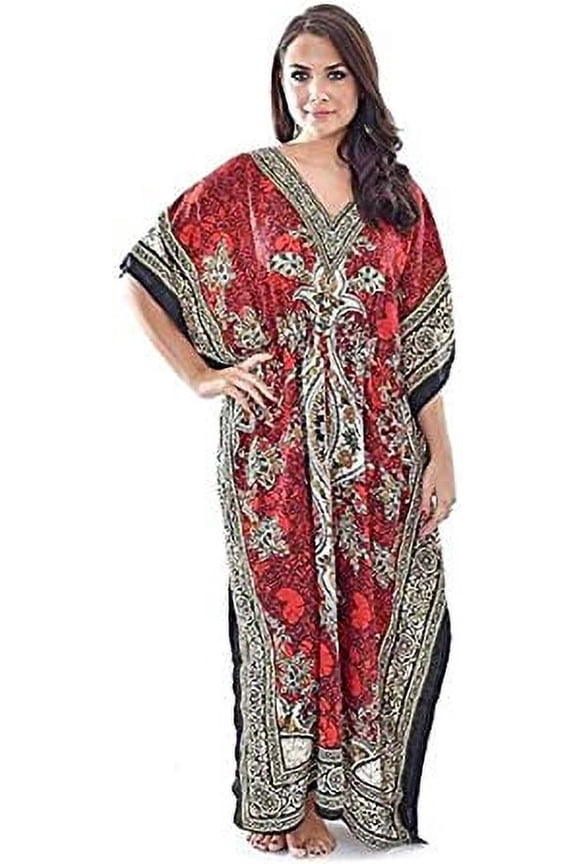 Sharvgun Women's cool long Kaftans/Floral printed long cool kaftan/Caftans For Women/Caftan Dress, long kaftan/nighty/beach and summer holidays dress (Red)