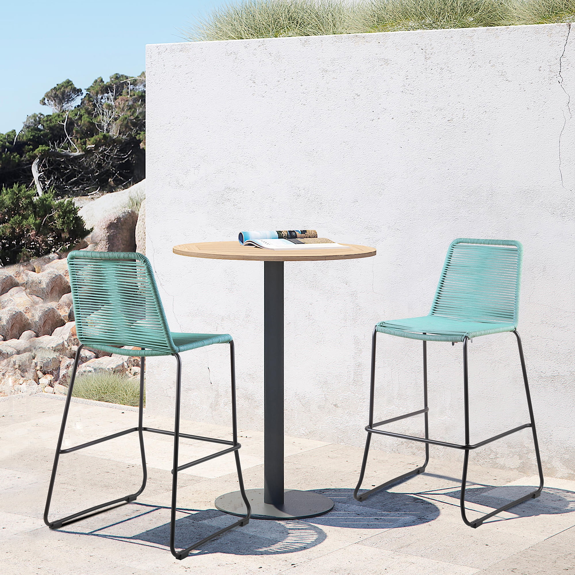 Shasta 26" Green Rope and Metal Outdoor Counter Stools - Set of 2
