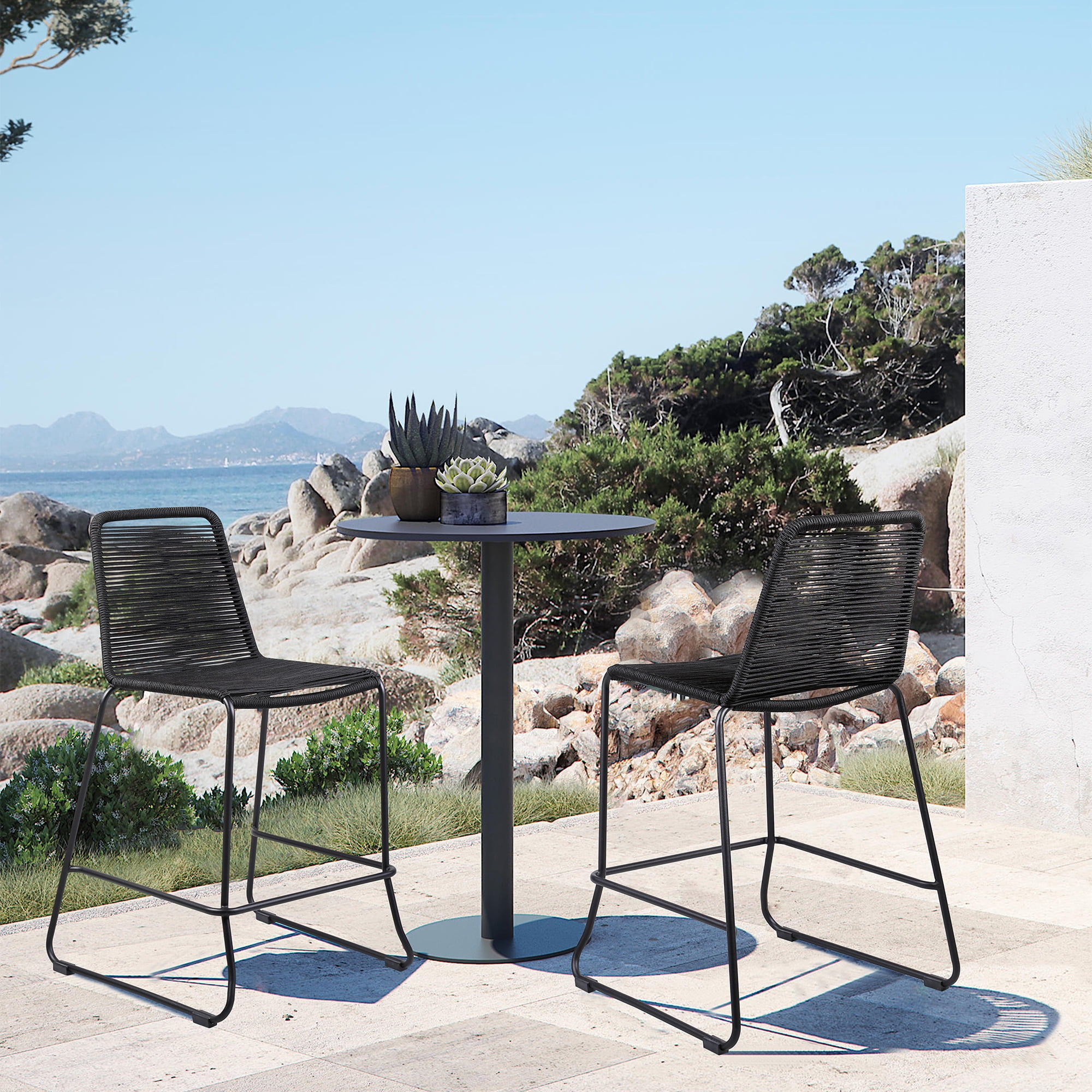 Shasta 30" Outdoor Metal and Black Rope Stackable Barstool - Set of 6