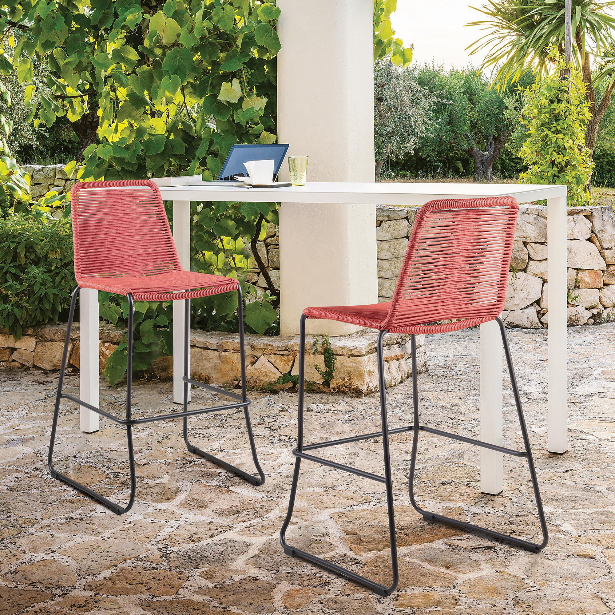 Shasta 30" Outdoor Metal and Brick Red Rope Stackable Barstool - Set of 4