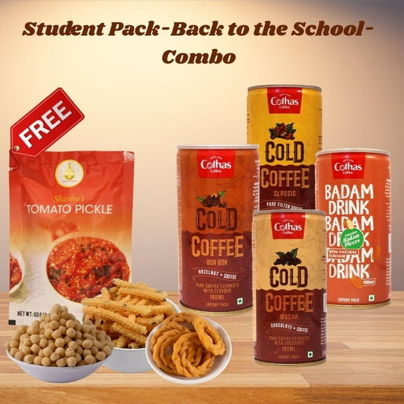 Shastha Essential Combo – 3 Snacks (Seedai / Murukku/ Mixture) + 5 Cold Coffee (Bon Bon/ Mocha/ Classic/ Badam-2) + Free 60g Pickle Pkt
