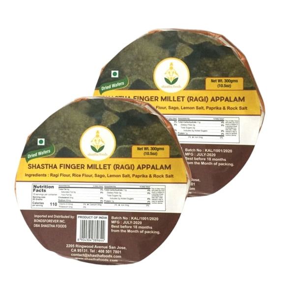 Shastha Foods Ragi Finger Millet Appalam Snack Crackers, 300 G pack of 2, Nut Free,