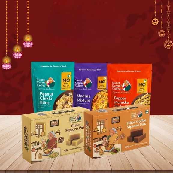 Shastha Foods SKC a - Madras Mixture, Chikki Bar, Pepper Murukku, and Mysore Pak Variety Pack, 740 g, pack of 5