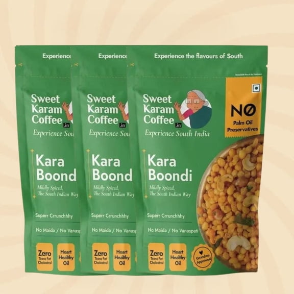 Shastha Foods SKC Spicy Flavor Kara Boondhi, Veggie Snack Chip Type, Plastic Pouch, 180gm, pack of 3