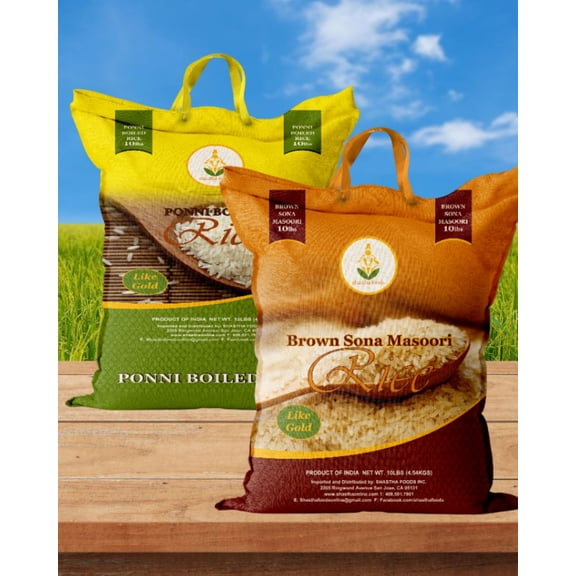 Shastha Traditional Ponni Boiled Rice 10lbs + Brown Sona Masoori Rice 10lbs - Pack of 2 , 10 lbs