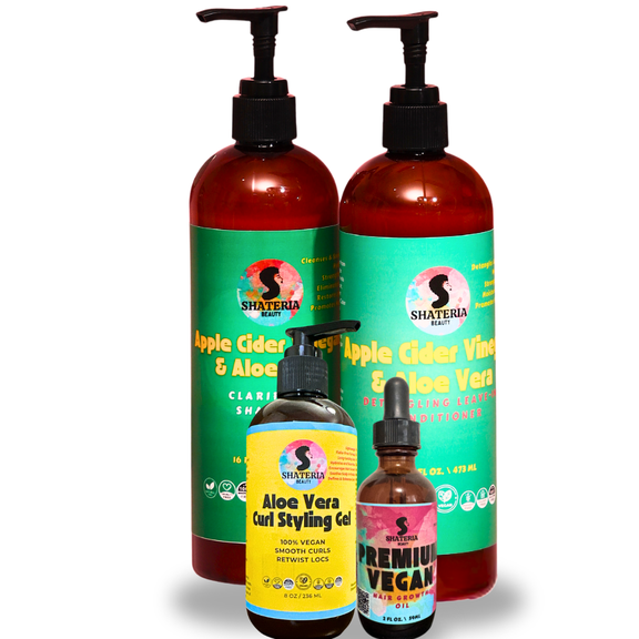 Shateria Beauty Wash Day Deluxe Box, ACV Clarifying Shampoo, Leave-In Conditioner, Curl Styling Gel, Premium Vegan Growth Hair Oil