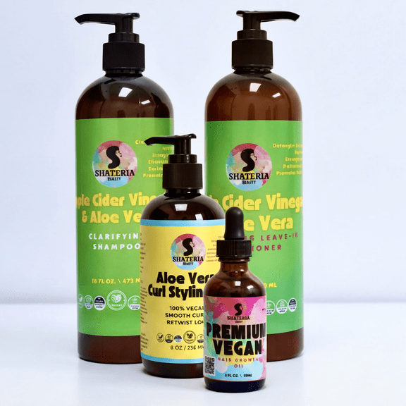 Shateria Beauty ACV & Aloe Vera Wash Day Deluxe Box, 4-Piece Vegan Hair Care Set for Curls & Locs, Shampoo, Leave-In, Gel & Oil