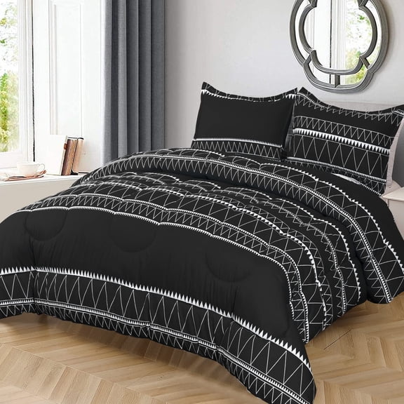 Shatex Full Size Comforter Sets 3 Piece All Season Bedding Comforter Full Size – Striped Ultra Soft 100% Microfiber Polyester – Black and White Bedding Comforter Sets with 2 Pillow Shams