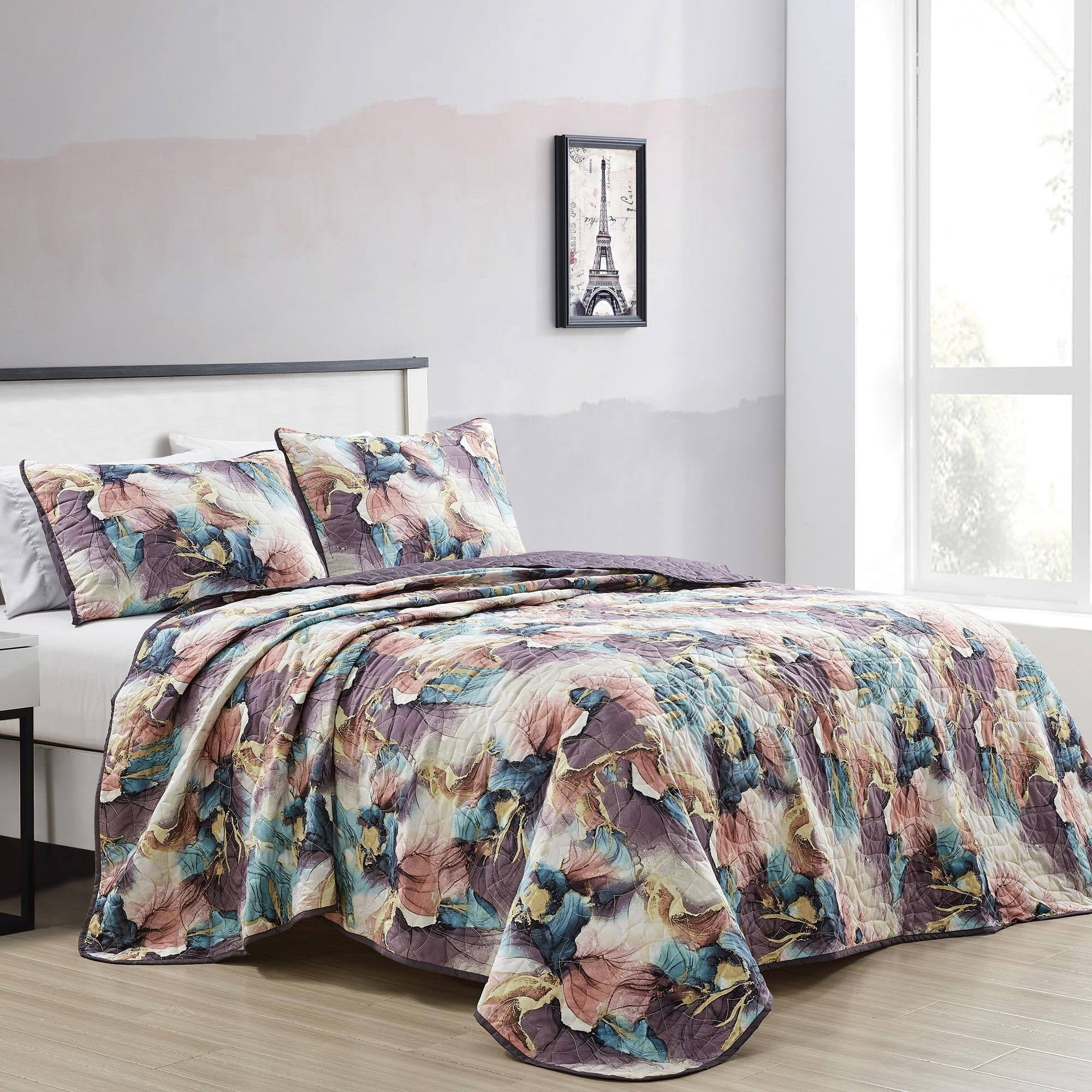 King Size Multicolor Microfiber Bedspread Set