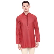 Shatranj Mens Indian Band Collar Classic Kurta Tunic With Embroidered Placket; Red; LG
