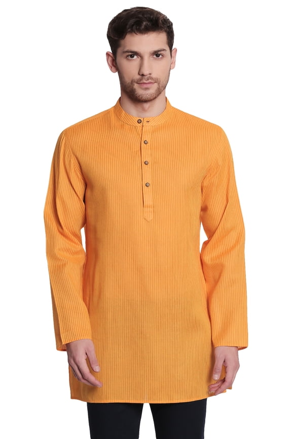 Shatranj Men's Indian Banded Collar Fine Autumn Stripe Mid-length Kurta Tunic; Mustard; MD