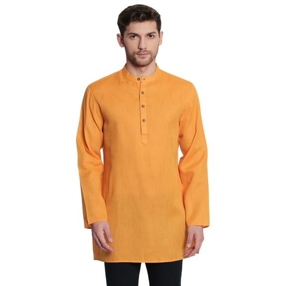 Shatranj Men's Indian Banded Collar Fine Autumn Stripe Mid-length Kurta Tunic; Mustard; XL