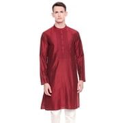 Shatranj Mens Indian Classic Collar Hand Embroidered Placket Long Kurta Tunic; Maroon; MD