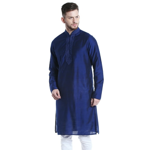 Shatranj Men's Indian Classic Collar Long Kurta Tunic with Embroidered Placket; Royal Blue