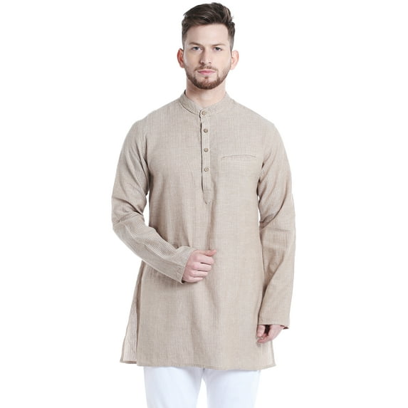 Shatranj Men's Indian Classic Mandarin Collar Vintage Style Stripe Kurta Tunic; Beige