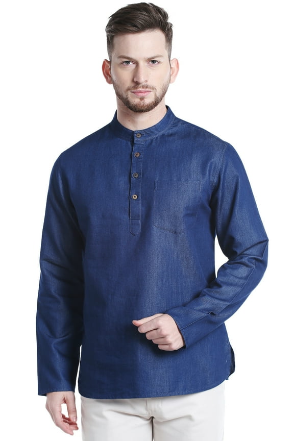 Men's Limited Edition Cotton Kurta Tunic with Denim Texture; Denim Blue