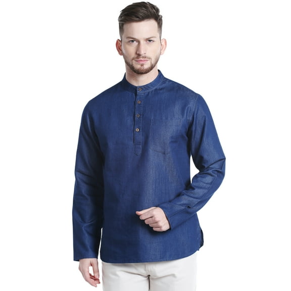 Shatranj Men's Limited Edition Cotton Kurta Tunic with Denim Texture; Denim Blue