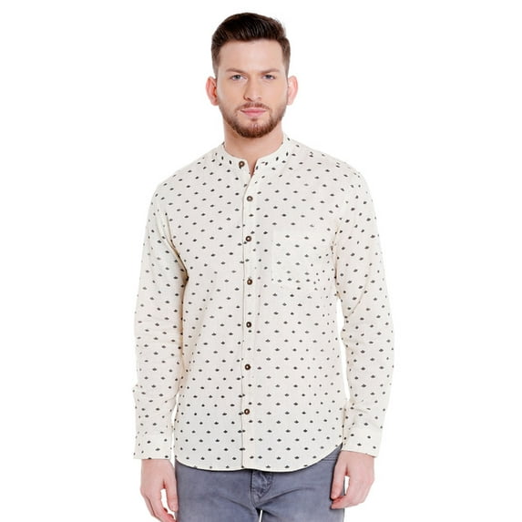 Shatranj Men's Pure Cotton Button Down Shirt with Indian Leaf Print; Natural