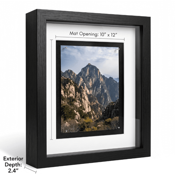 Shatter Resistant Glass 10x12 Shadow Box Frame, Engineered Wood Black Picture Frame with Mat, Display Photos Awards Keepsakes for Wall or Tabletop, Home Office Decor, Living Room Bedroom, Black