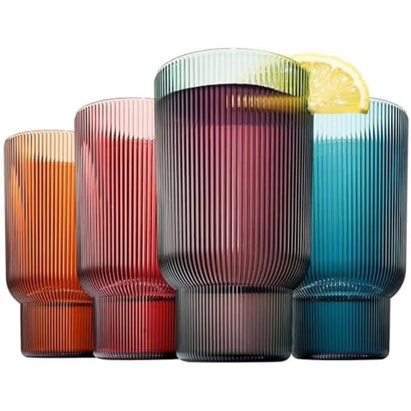Shatterproof Acrylic Tall Drinking Glasses Set, European Style, Dishwasher Safe, Ribbed | Set of 4 | Fluted Tritan Drinkware, Unbreakable BPA-free Plastic, Reusable Stackable Glassware 14.5oz