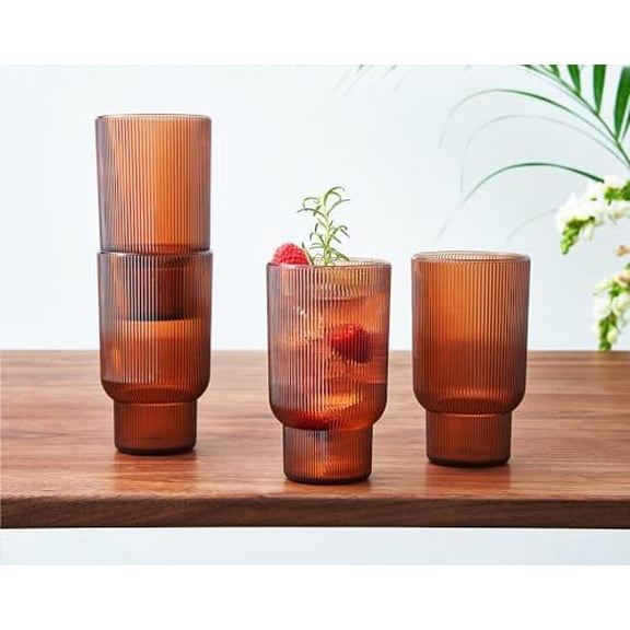 Shatterproof Acrylic Tall Drinking Glasses Set, European Style, Dishwasher Safe, Ribbed | Set of 4 | Fluted Tritan, Unbreakable BPA-free Plastic, Reusable Stackable Glassware 14.5oz - Burnt Orange